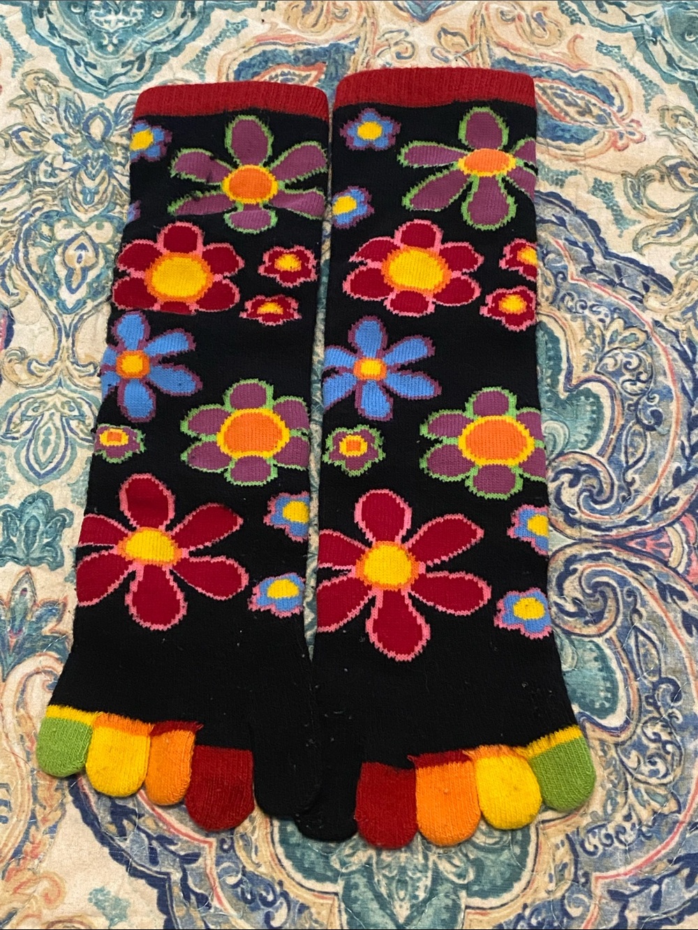 Multi-Color Floral Toe Socks - Black Background